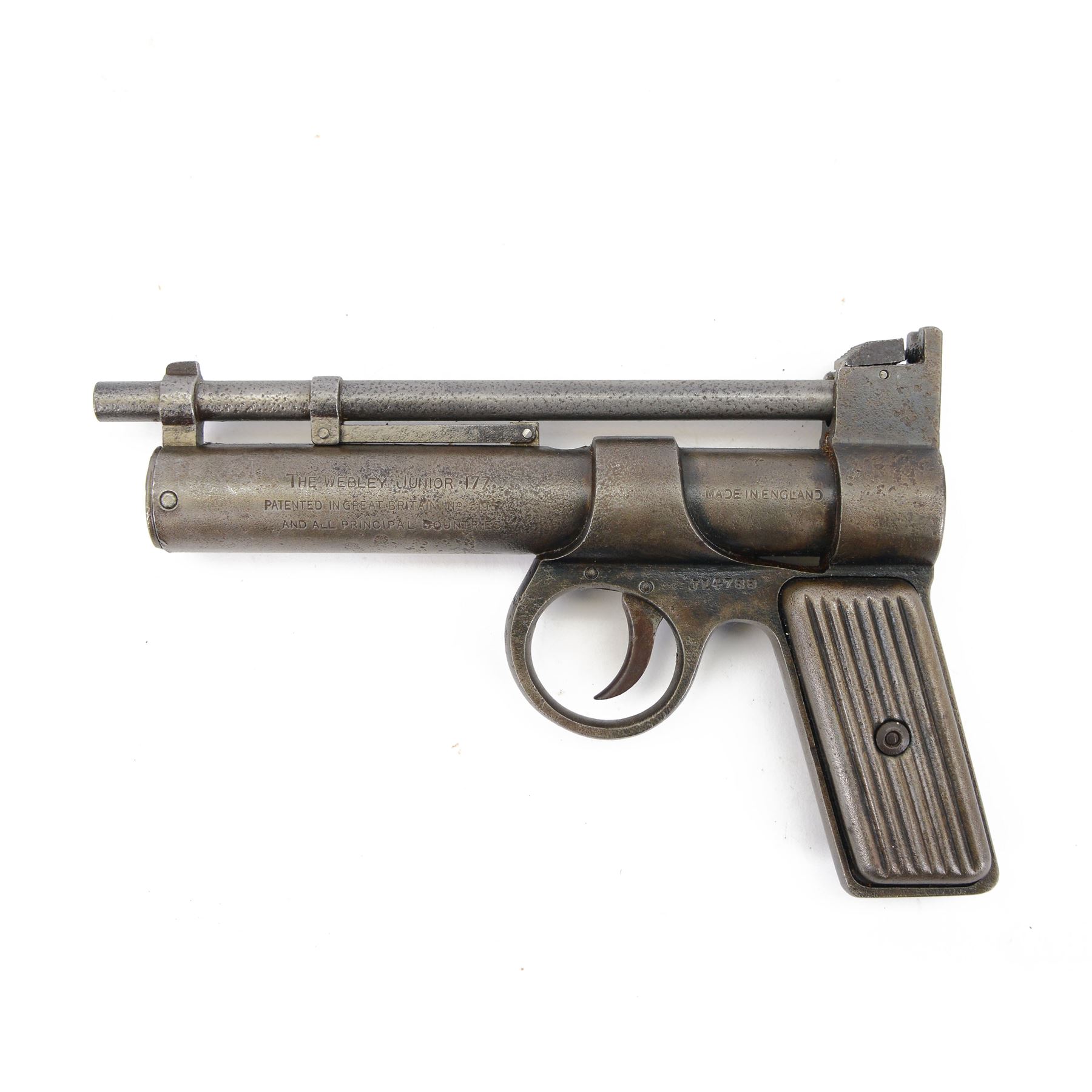 Webley Junior .177 air pistol, 1930-1939 batch 789, serial number J14788, the air chamber marked The Webley 'Junior .177 Patented in Great Britain No 219872 and all Principle Countries', 'Made in England' and Webley & Scott Ltd. Birmingham, with ribbed metal grips, H13cm, L19cm