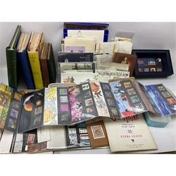 Great British and World stamps, including various Royal Mail collectors packs, loose stamps on paper, Queen Victoria penny red on cover, Gibraltar, Ireland, Belgium, France, Norway etc, in albums and loose, in two boxes