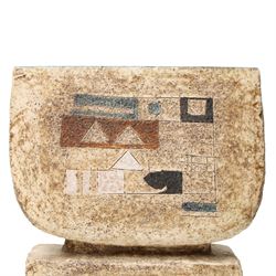 Sylvia Vallance for Troika - large c1970s Double Bass vase, of rectangular and rounded section, decorated to opposing faces with raised, impressed and incised geometric motifs in typical colours, painted 'Troika - St Ives' mark and artists monogram to base, H35.5cm