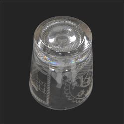 Unusual 19th century Sunderland Bridge and Masonic glass tumbler, circa 1800-1830, of slightly tapering cylindrical form, engraved with a masted frigate sailing beneath the Sunderland Bridge, and circular panel containing Masonic symbols including sextant, keys, and sun, moon and stars verso, with moulded concentric ring beneath, H9cm