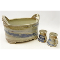 Studio pottery twin handle footbath by John Bradley & Andrea King, County Durham, L36cm with two matching mugs, c1990 (3)  