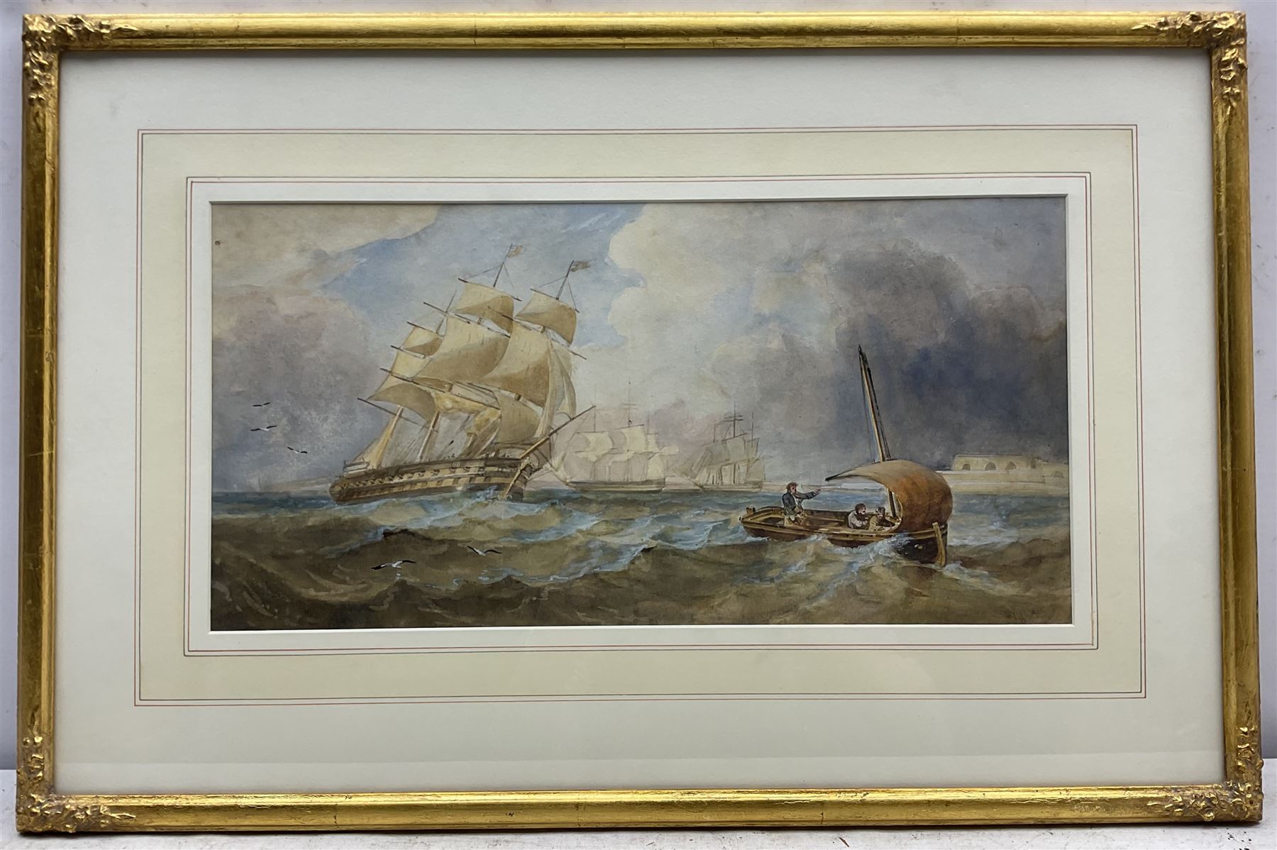 John Wilson Carmichael (British 1799-1868): Frigates off Portsmouth, watercolour signed l.r. 24cm x 48cm