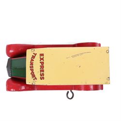 Wells Brimtoy tinplate clockwork 'Express Transport' delivery van, green body with cream roof and red highlights, with lithographed details, fixed key, H7.5cm, L17cm