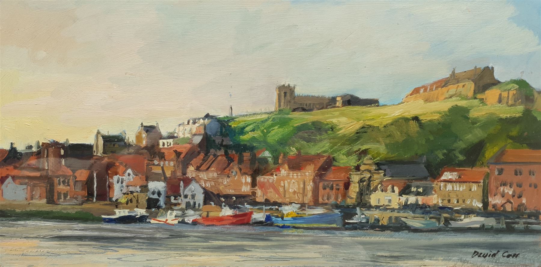 David James Carr (Northern British 1944-2009): Whitby East Cliff, oil on board signed 20cm x 40cm