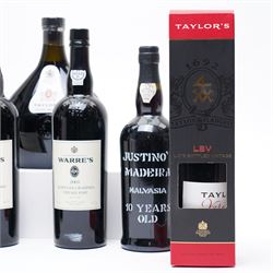 *One bottle of Quinta Do Noval Vintage Port 1966, unknown contents and proof; one bottle of Justino's Madeira 10 years old, 750ml, 19% vol, one bottle of Taylor's Reserve Tawny Port, limited edition, one litre, 20% vol, one bottle of Taylor's LBV Port 2001, 75cl, 20.5% vol, boxed and three other bottles of PortFrom the Kirkham Hall Attic & Cellar Collection, sold without reserve
