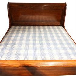 Victorian style mahogany super king sleigh bed with bases, shaped panelled headboard and footboard with scrolled ends, moulded side rails, raised on block supports with castors
