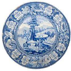 Eight 19th century transfer printed Italian Scenery pattern dinner plates, attributed to Leeds Pottery, with printed Italian Scenery mark beneath, D26cm