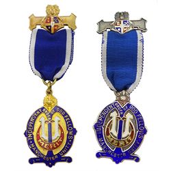 Two Independent Order of Oddfellows Manchester Unity masonic jewels, on hallmarked 9ct gold, the other hallmarked silver