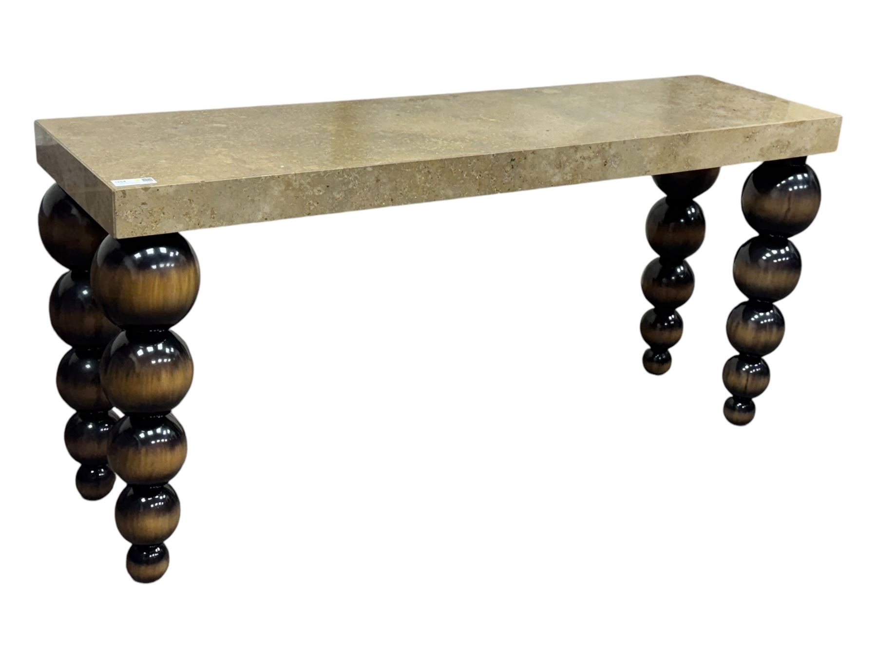Bramley - contemporary Italian design Tivoli console table, marble top inset with gold crystals, supported by four stacked wooden supports in an antic brown lacquered finish