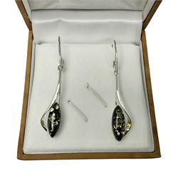 Pair of silver green Baltic amber pendant earrings, stamped 925, boxed