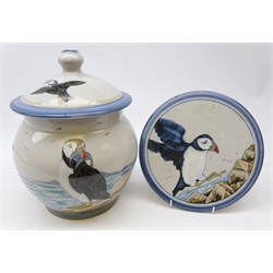  Highland Stoneware Scotland jar and cover decorated with Puffins with matching stand, H34cm max (2)  