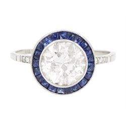 Platinum diamond and sapphire target ring, milgrain set single old cut diamond of 1.53 car...