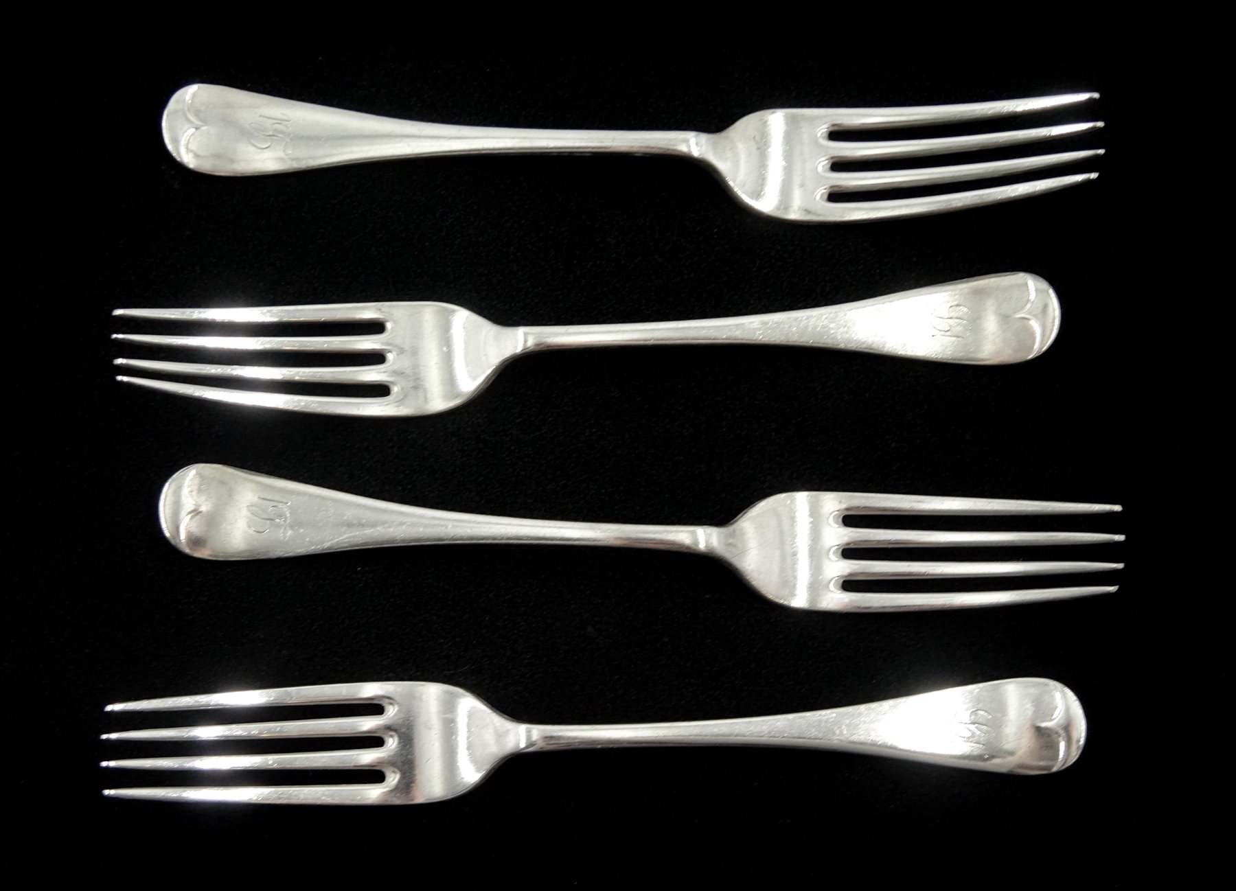 Set of four silver dinner forks, Old English and Pip pattern by Walker