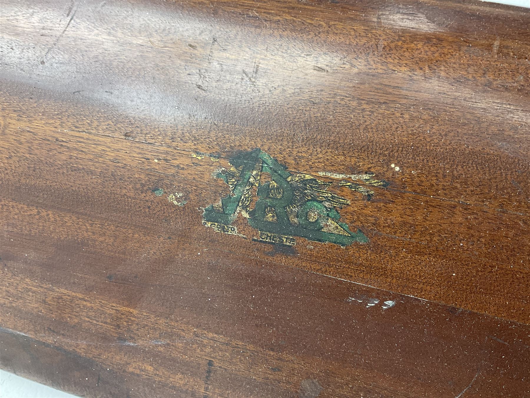 Early 20th century Avro 504 80HP Gnome laminated mahogany two-blade propeller with metal centre to the hub, stamped to the face of the hub 'AVRO Y80 80HP GNOME TYPE 504 & 504A A.I.D.29 A.I.D.32 1545' and to the sides of the hub '2744 DIA 1829 PITCH' and '1470'; traces of A.V. Roe & Co Ltd Manchester transfers to both blades L273.8cm; Auctioneer's Note: The Avro 504 was introduced in 1913 and was quickly taken up by the Royal Flying Corps as a trainer and observation machine; robust and versatile it remained in general service as a trainer until the late 1920s then widely for civilian use as a joy-rider and for stunt displays. The legendary RAF WWII ace, Douglas Bader, took instructions and would have had his first solo flight in just such a machine.