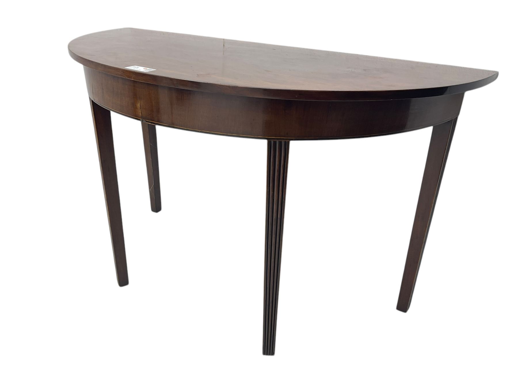 19th century mahogany demi-lune side table, semi-circular top with boxwood string inlay, raised on tapered and fluted supports
