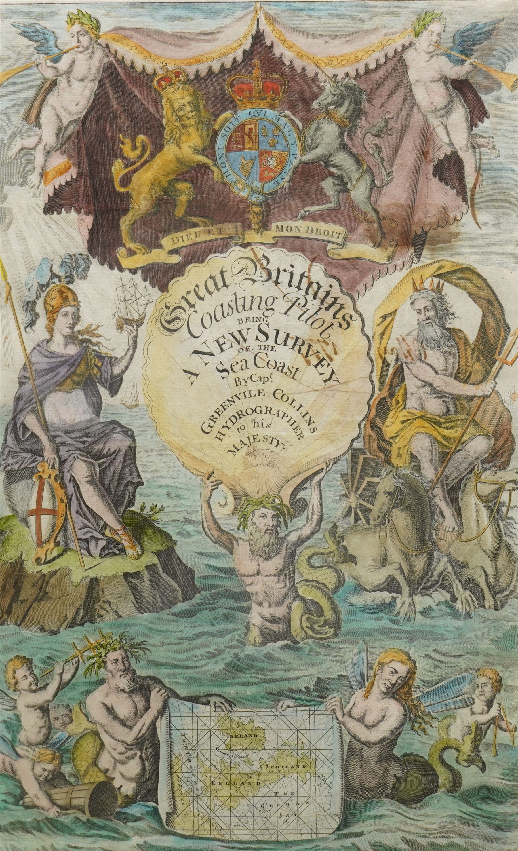 Francis Lamb (British fl.1667-1701): Frontispiece for 'Great Britain’s Coasting Pilot' by Capt. Greenville Collins depicting Britannia and Neptune flanking the title above mermen and mermaids presenting a chart of Great Britain, all surmounted by the Royal Arms, late 17th century engraving with hand-colouring pub. 1693, together with the associated letter press page, 42cm x 47cm (2)