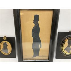 Three framed 19th century silhouettes with Hull ship owning connections - oval head and shoulder portrait of John Wilson of Melton Hill East Yorkshire who died on 6th January 1822 (reputedly a member of the Hull Wilson Shipping Line family) H8cm in papier mache frame; oval head and shoulder portrait of Mary Ann Kilvington in papier mache frame; and full length study of her brother John Thompson Kilvington in ebonised frame; all with manuscript biographical details verso (3)