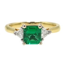  18ct white gold emerald cut emerald and trillion cut diamond three stone ring, hallmarked, emerald approx 0.8 carat  