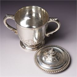 Silver two handled cup and cover with loop handles, raised stylised leaves and gadrooned edge H11cm London 1936 Maker Goldsmiths & Silversmiths Co. Ltd