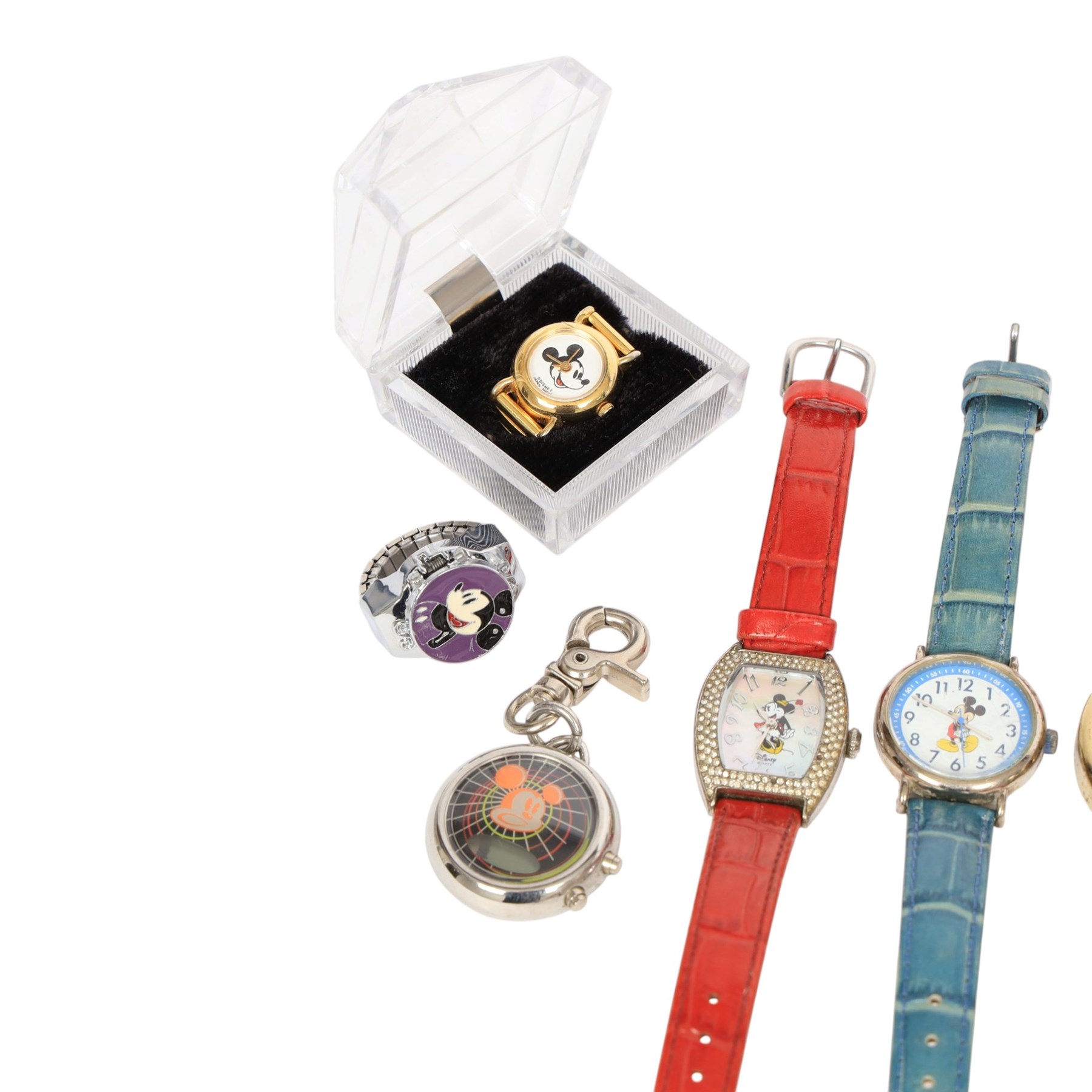 Six Disney Mickey/Minnie Mouse watches, two Mickey Mouse ring watches and a clip on stop watch