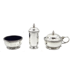  Silver three piece condiment set with blue glass liners by Walker & Hall Birmingham 1928, 4.9oz  