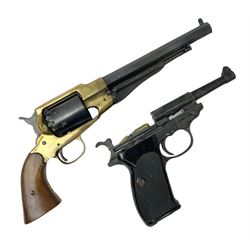 Modern Remington .44 calibre percussion brass framed army revolver, possibly by Uberti, with 16cm octagonal barrel, No.225; partially deactivated to old specification with no certificate L36cm overall; together with a die-cast copy part model of a Walther P38 semi automatic pistol (2) RFD ONLY