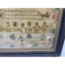 Early George IV silk work sampler, finely worked with religious verse 'Tell me ye knowing and discerning few, Where I may find a friend both firm & True, Who dares stand by me when in deep distress, And then his love and friendship most express', flanked by two doves holding olive branches and putti, beneath a floral and ribbon swag, further detailed with four dancing figures holding a garland, urns of flowers, birds, and insects, monogramed LAC and dated Sept th first 1820, within a flowering vine border, in original ebonised frame, overall H31.5cm W31cm