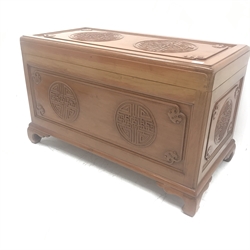 Chinese camphor wood blanket box, single hinged lid, geometric pattern, shaped bracket supports, W105cm, H62cm, D55cm