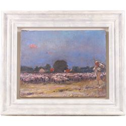 Harry Becker (British 1865-1928): Shepherd and his Flock, oil on canvas signed 35cm x 45cm 
Provenance: private collection, purchased Reeman Dansie 29th April 2025  Lot 1116; sold Reeman Dansie 4th August 2009 Lot 651