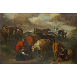 Circle of Karel Dujardin (Dutch 1626-1678): Pastoral Scene with Milkmaids and Cattle, oil on canvas unsigned 55cm x 83cm