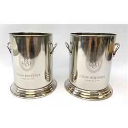  A pair of Lois Roederer champagne buckets, of cylindrical form with twin handled, marked Lois Roederer monogram and detailed Louis Roderer Fonde en 1776, H24 D18cm.   