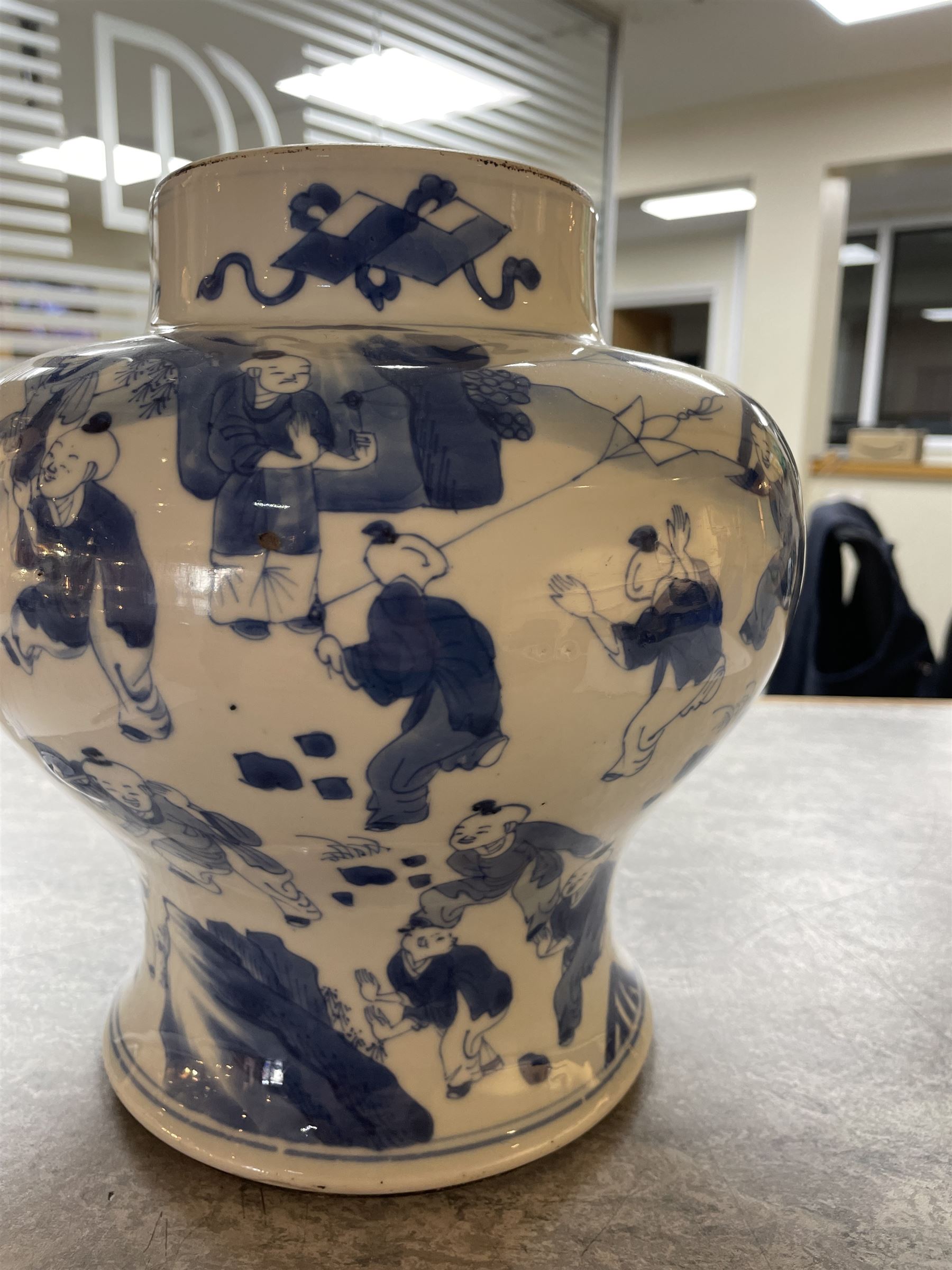 19th century Chinese blue and white jar, of pronounced baluster form, decorated in the Hundred Boys design, with numerous children at play, H23cm

The hundred boys design was a popular theme in Chinese Art employed from the Song period onwards. It expresses the desire to continue the family through male heirs and the performance of filial duties