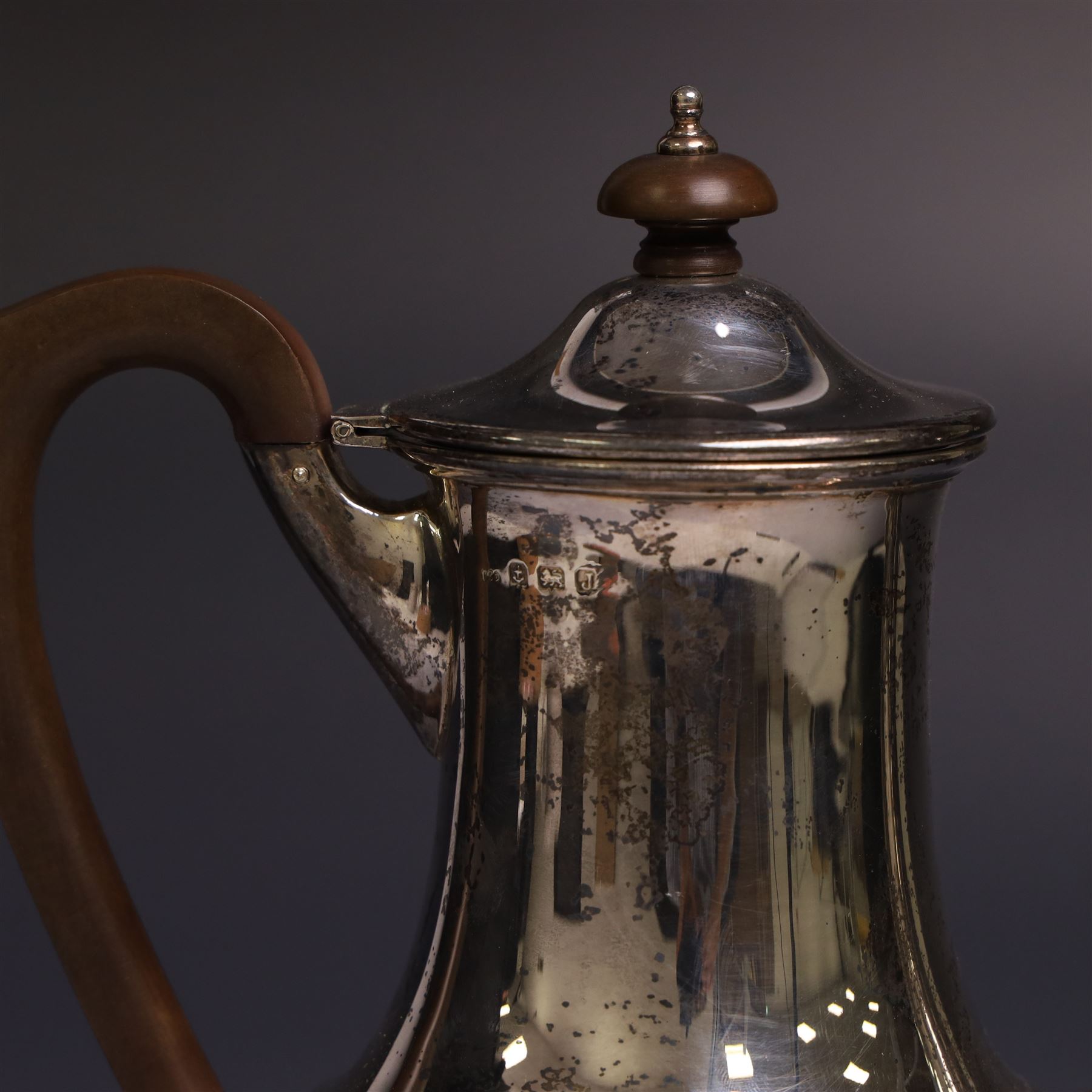 1930s silver coffee pot, of part fluted form with Bakelite type handles and finials, hallmarked Henry Clifford Davis, Birmingham 1933, H22cm