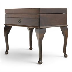 20th century mahogany canteen table, rectangular hinged top inset with gilt tooled leather writing surface, opening to fitted interior containing silver plated cutlery, with lower fitted drawer, on cabriole supports with pad feet