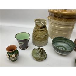 Quantity of studio pottery to include square section vase decorated with blossoming branches, other studio pottery to include jugs, bowls, vases etc, with various marks, duck egg b,J.E. bowl stamped Buchan, continental pottery, other stoneware pottery to include glazed jar with lid etc