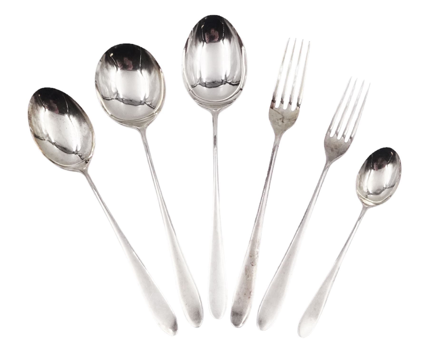 Mid 20th century silver Pride pattern cutlery, to include six table spoons, twelve dessert spoons, twelve soup spoons, twelve table forks, twelve dessert forks and twelve teaspoons, all hallmarked Walker & Hall, Sheffield 1958 