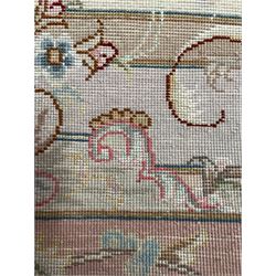 Persian Mahal densely knotted ivory ground carpet, floral rosette medallion surrounded by interlacing leafy branches and palmettes, scrolling border decorated with foliate motifs, within guard stripes, with signature panels to each end