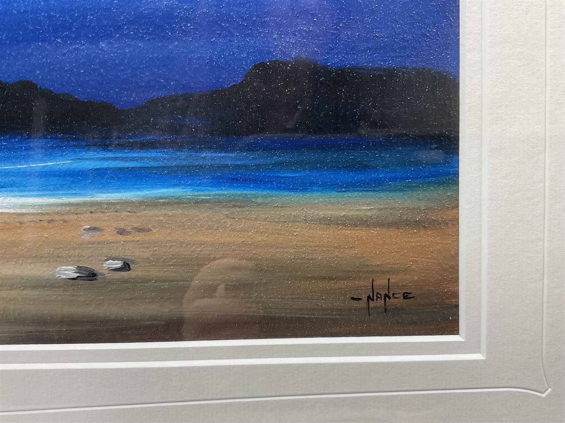 Mike Nance (British Contemporary): Moonlight on the Sands, acrylic on board signed 25cm x 70cm 