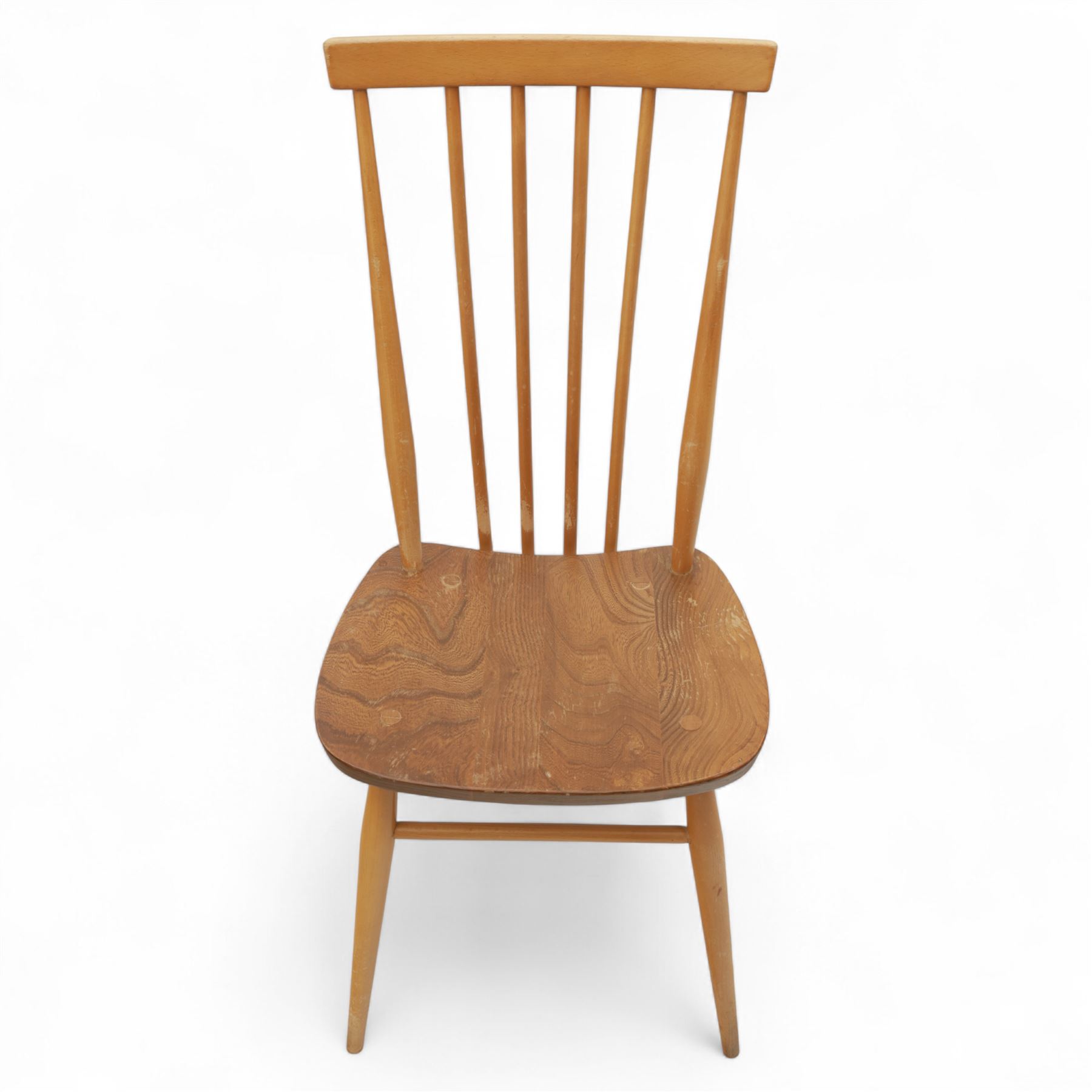 Ercol - Pair of high back Windsor kitchen chairs, elm seats with beech stick backs and legs, shaped saddle seats and turned stretchers