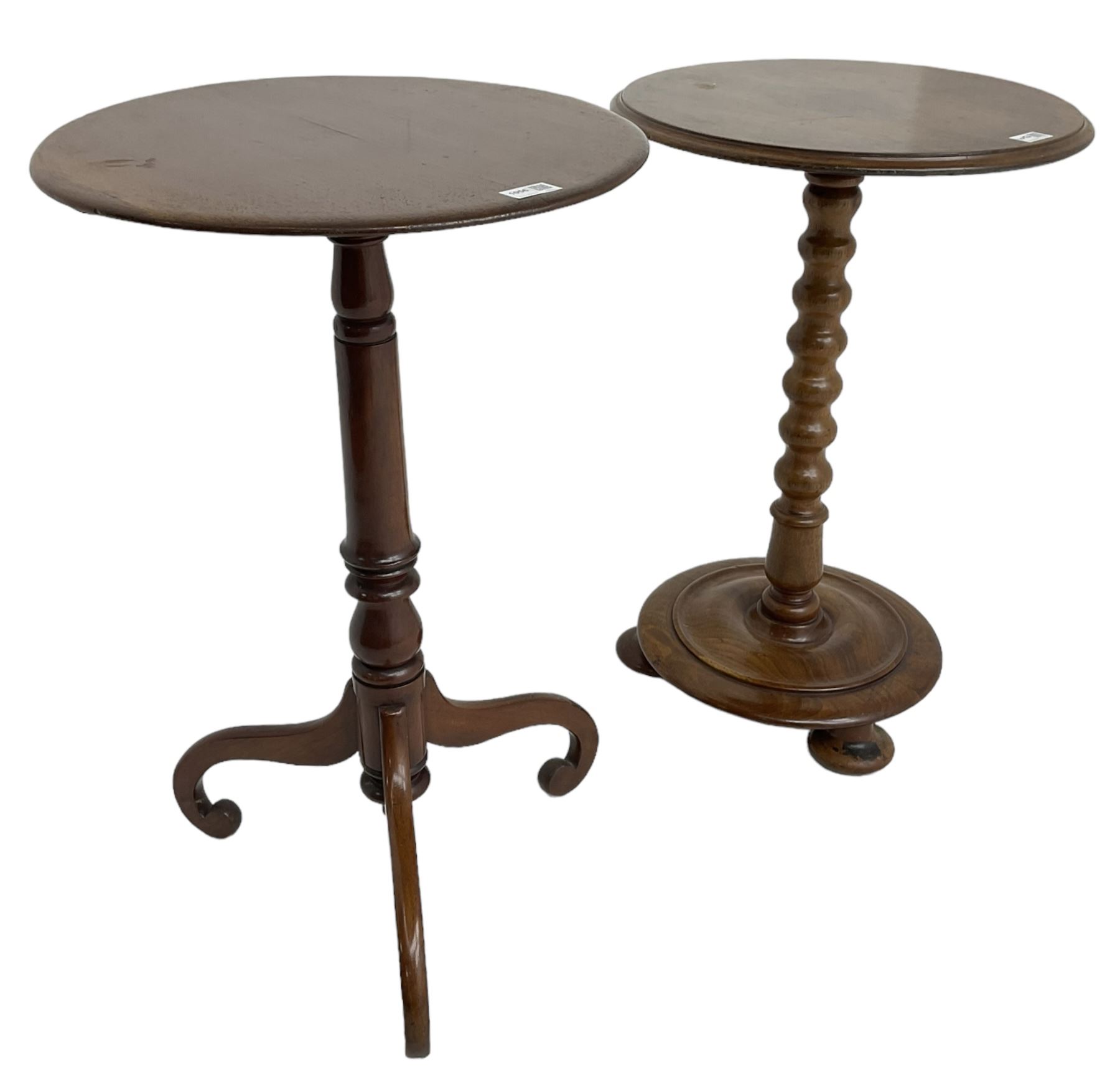 19th century walnut occasional table, circular moulded top on bobbin turned stem, circular moulded base on compressed feet (H70cm); 19th century walnut tripod table, circular table on turned stem, on splayed supported with scrolled terminals (H74cm)