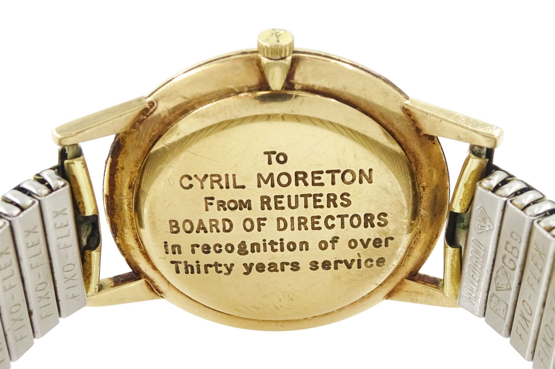 Longines gentleman's 9ct gold manual wind presentation wristwatch, Cal. 420, silvered dial with baton hour markers and subsidiary seconds dial, London 1965, on expanding gilt bracelet