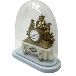 French - late 19th century gilt spelter and alabaster 8-day timepiece mantle clock, drum movement housed in a spelter case with decorative figures in 18th century costume depicting a Galant and Lady, case supported on a white alabaster base with baluster pillars and scroll side pieces, white enamel dial with Roman numerals and steel moon hands, standing under a glass dome resting on a fabric covered wooden base. With pendulum & Key. 