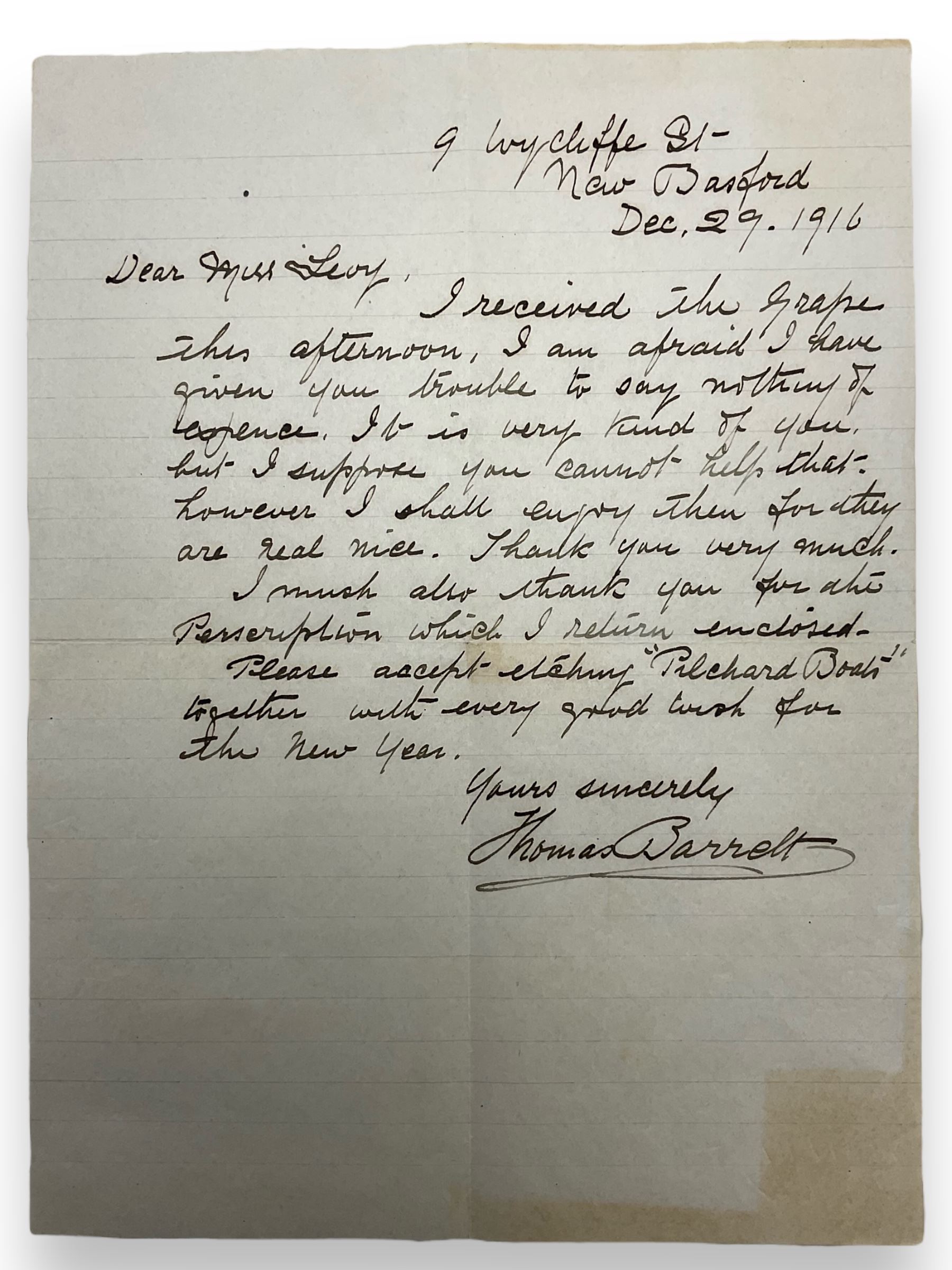 Thomas Barrett (Staithes Group 1845-1924): 'Pilchard Boats', drypoint etching signed in pencil 10cm x 26cm; together with a letter from the artist gifting the print to his student Mabel Annie Levy (1884-1967).