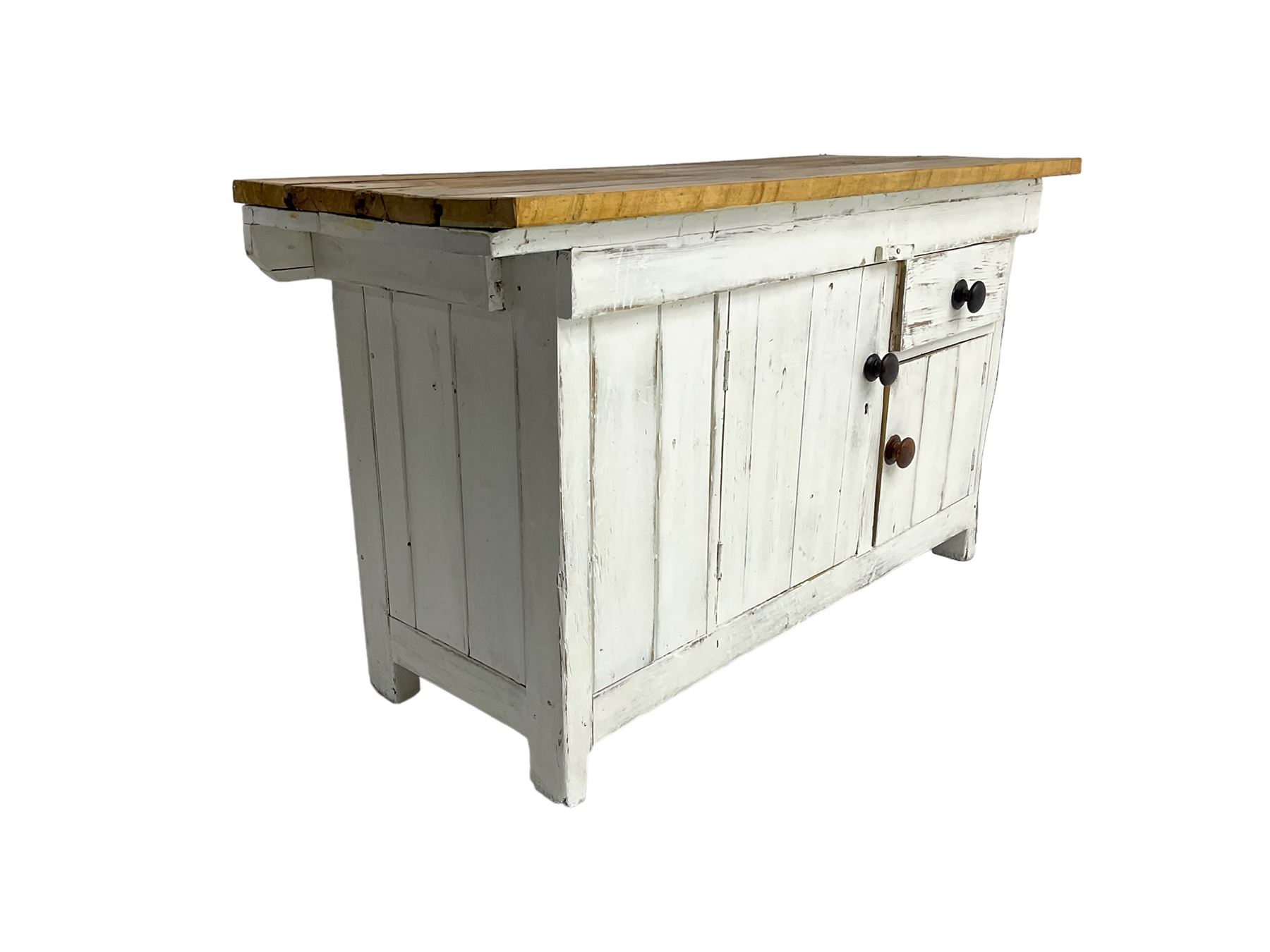 Distressed white painted pine sideboard, polished rectangular top over cupboards and drawer