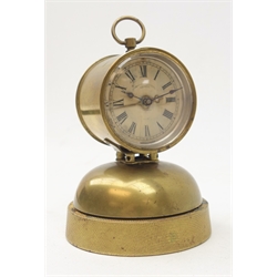  Small late 19th century brass drum alarm clock, circular Roman dial on bell, H12cm  