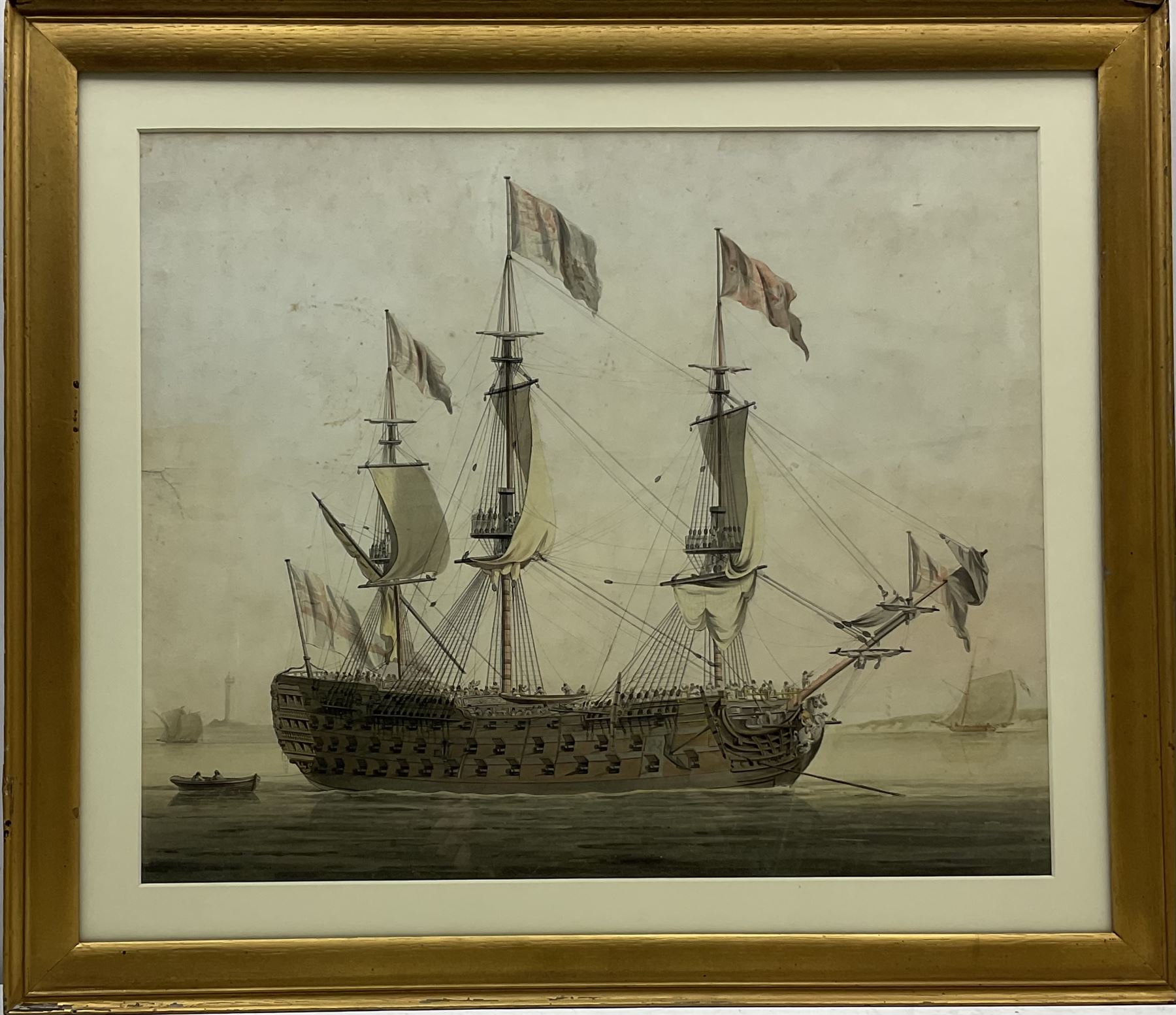 Attrib. Robert Pollard (British 1755-1838): British Man of War at Anchor, watercolour unsigned c1800, 39cm x 48cm
Provenance: Turnerdale Hall, Ruswarp, Whitby contents sale c1935 (at that time probably still in Harrowing ship owning family), purchased by the Smales Family of Sleights, Whitby remaining in the same family ownership
