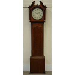  George III oak longcase clock, swan neck pediment, circular silvered dial with Roman and Arabic numerals, signed 'Hill Sheffield', thirty hour movement striking on a gong, H213cm  