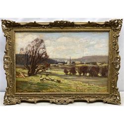 William Charles Rushton (British 1860-1921): Yorkshire Landscape with Sheep and Town in the Distance, oil on panel signed 48cm x 74cm