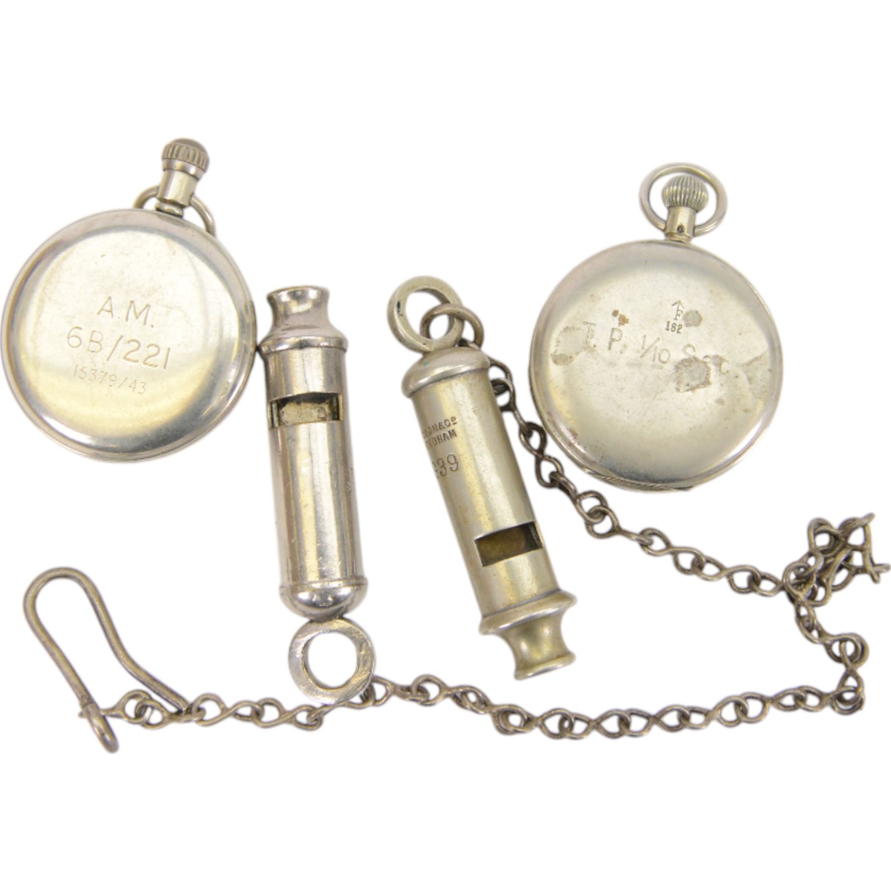 WWII, two stopwatches, the first marked A.M. 6B/221 15379/43 to reverse, the other T.P. 1/10 Sec, together with military whistle marked C.W.S 1941 with broad arrow and J. Hudson & Co whistle 1939 