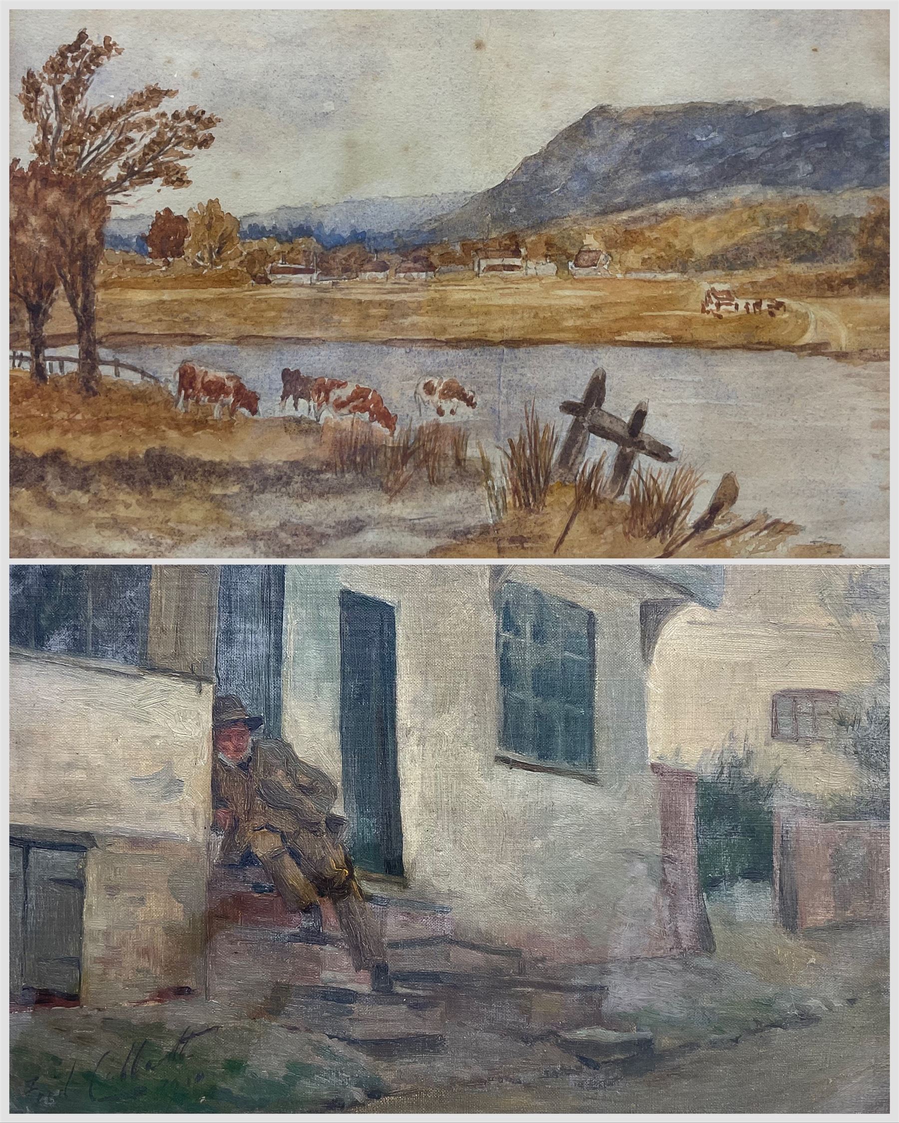 Frederick Thomas Callcott (British 1853-1923): Gentleman in a Doorway, oil on canvas indistinctly signed 22cm x 30cm; Cattle Watering, 19th century watercolour unsigned 24cm x 29cm (2) 